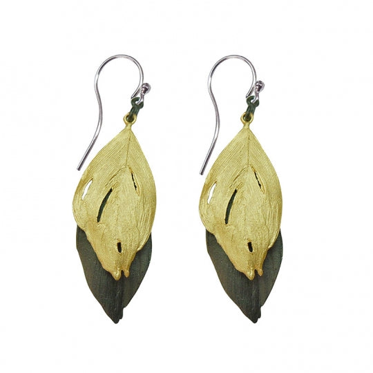 Two tone gold & gunmetal feather earrings